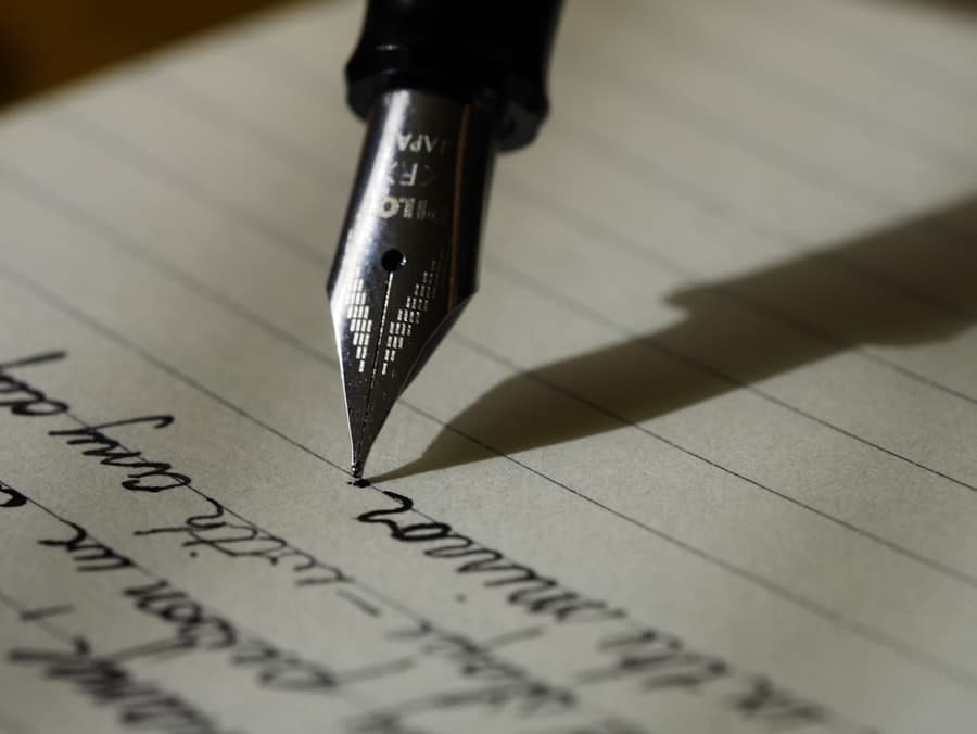 A fountain pen writing on lined paper